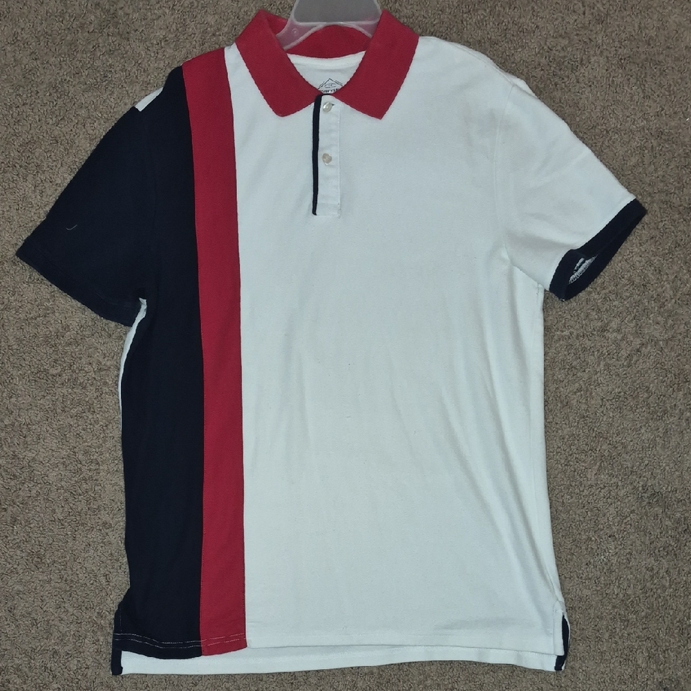 St. Johns Bay Men's Colorblock Polo Shirt - White, Navy & Red Sz. Medium